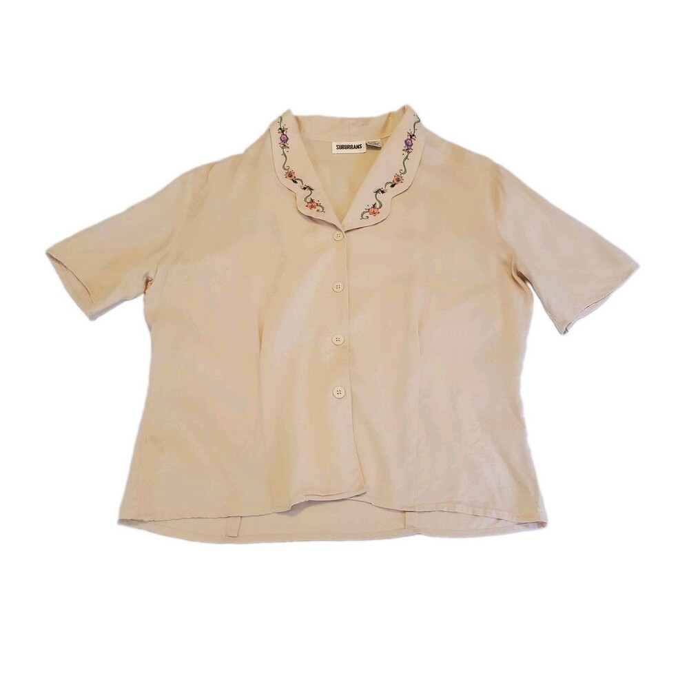 Vtg Suburbans Women Sz 12 Embroidered Short Sleeve Blouse Peach Floral